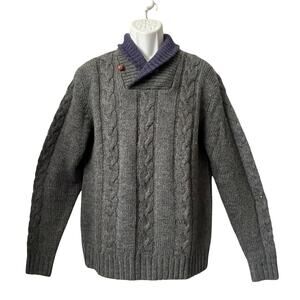 VINTAGE 90s GANT Charcoal Worsted Wool Shawl Collar Cable Knit Sweater Size L